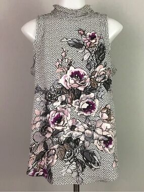 WHBM Silk Herringbone Floral Mock Neck Top in Black, White & Pink